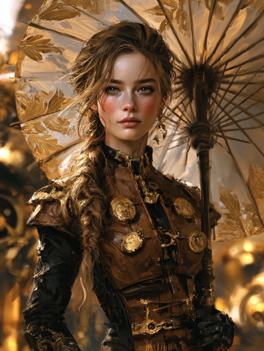 Steampunk woman holds gold-patterned umbrella in soft golden blur