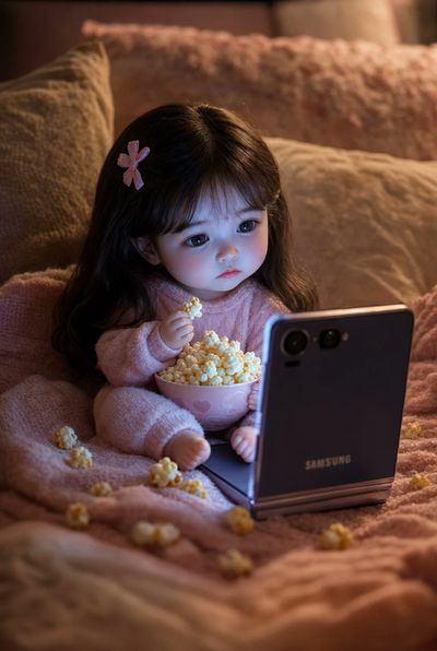 A miniature character watches a Z Flip movie in bed