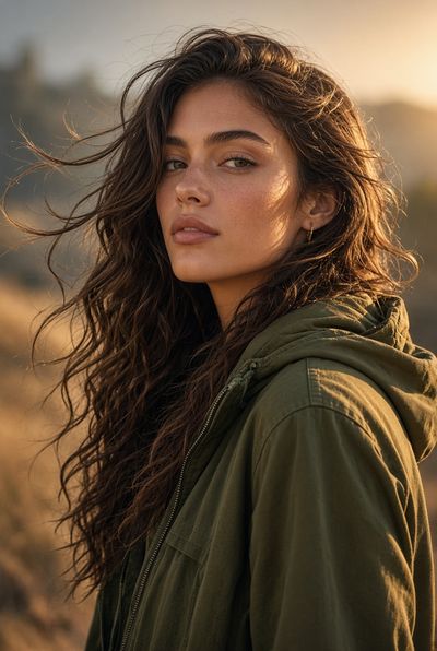 Golden Hour Glow on Wind-Blown Brunette in Olive Jacket