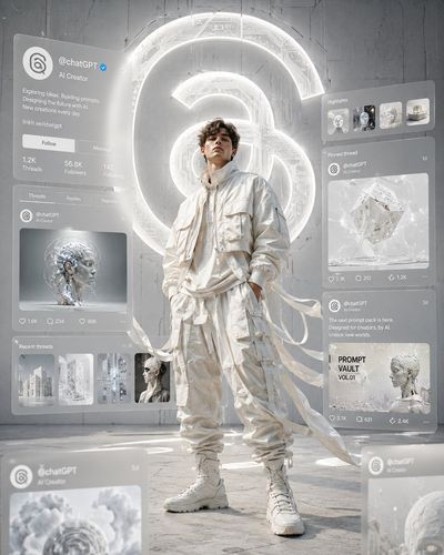 Fashion model poses with holographic Threads profile in white monochrome