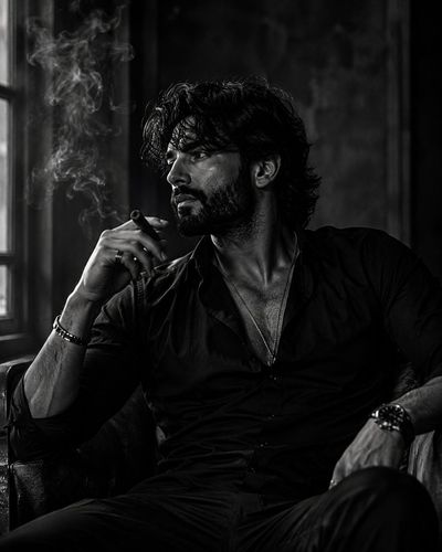 A rugged man in a black shirt dominates a noir room.