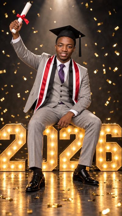 Confident Graduate Man Poses On Glowing 2026 Marquee Numbers