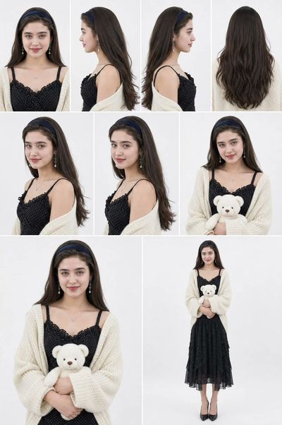 A shy South Asian woman in a polka-dot dress holds a teddy bear