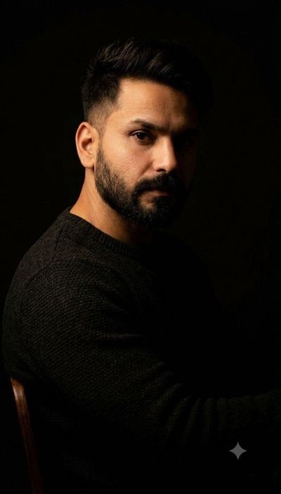 A man leans forward in dramatic chiaroscuro lighting portrait
