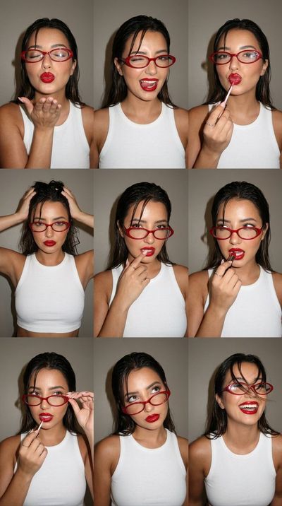 A young woman makes nine playful expressions in a photo grid