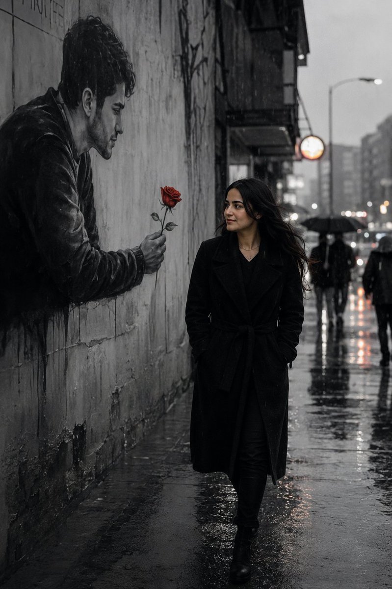 Red rose mural offers color to woman in monochrome rain