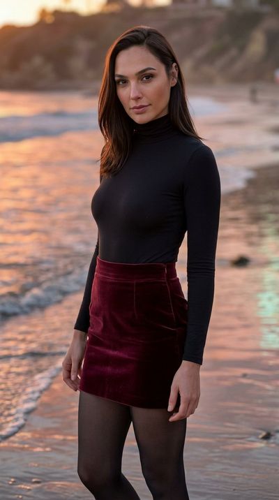 Gal Gadot gazes at her reflection on a private beach at sunset