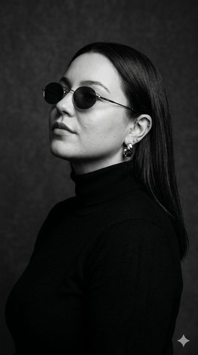 A woman in black turtleneck lifts her chin with confidence