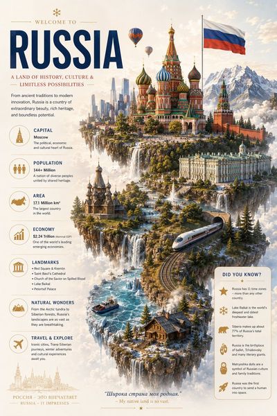 Russia's floating island showcases iconic landmarks in snowy clouds