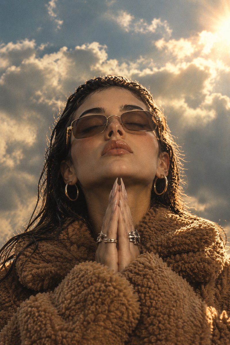 Serene Woman in Sherpa Coat Finds Peace Beneath Sunlit Clouds