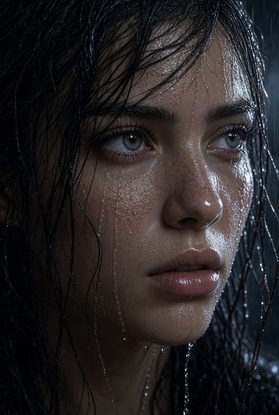 Midnight Rain Streams Down Her Pale Green Eyes Close-Up