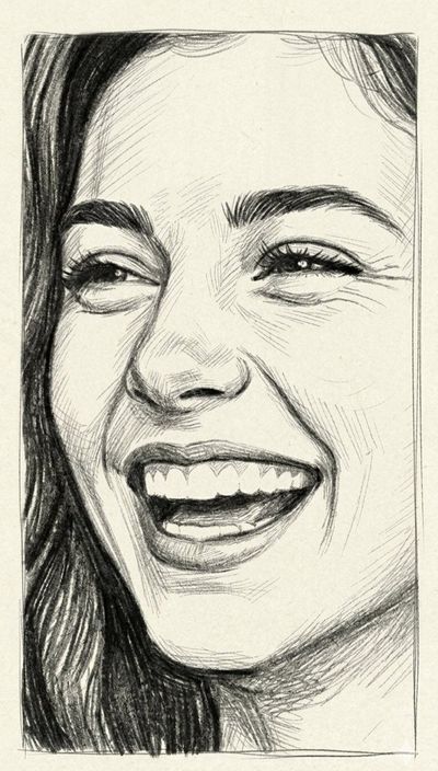 A laughing couple shares joy in detailed pencil sketch