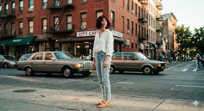 Pale woman with dark-red hair stands in rainy golden hour