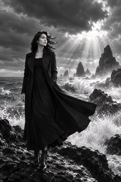 Elegant woman stands on volcanic rocks facing stormy ocean winds