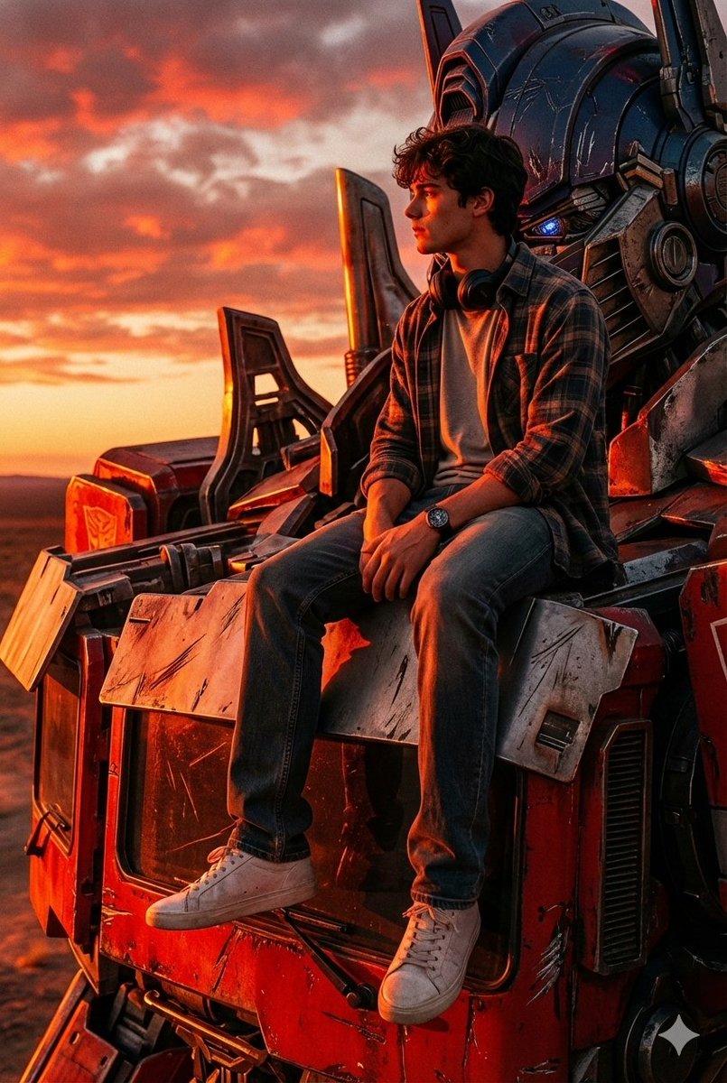 Epic Fusion: Human and Titan Under Sunset Skies