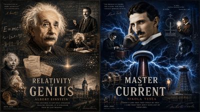 Albert Einstein and Nikola Tesla pose with their greatest inventions
