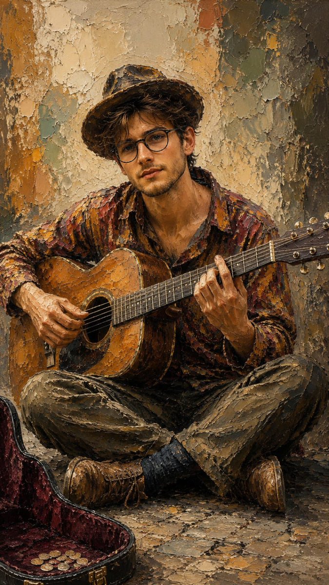 Street musician's warm smile and guitar on weathered stone