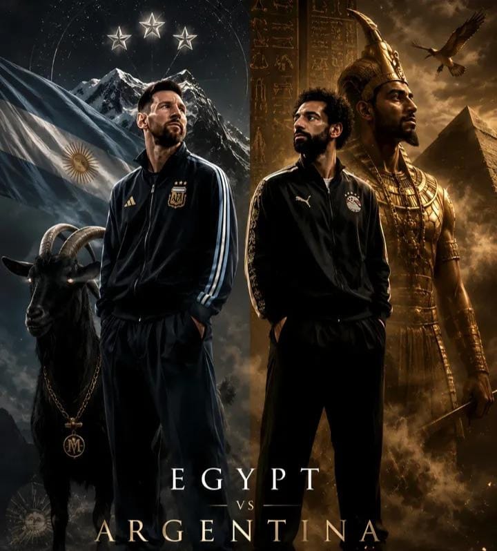 Messi and Salah stand back-to-back in epic cinematic split-composition poster.