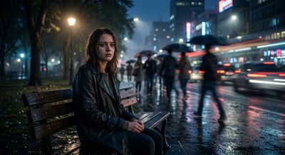 A lonely woman sits motionless on a wet bench as time races around her