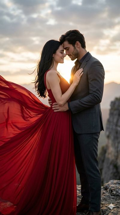 A couple shares a tender forehead touch on a sunlit cliff