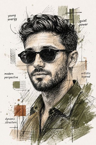 A modern man in olive shirt and black sunglasses stares confidently