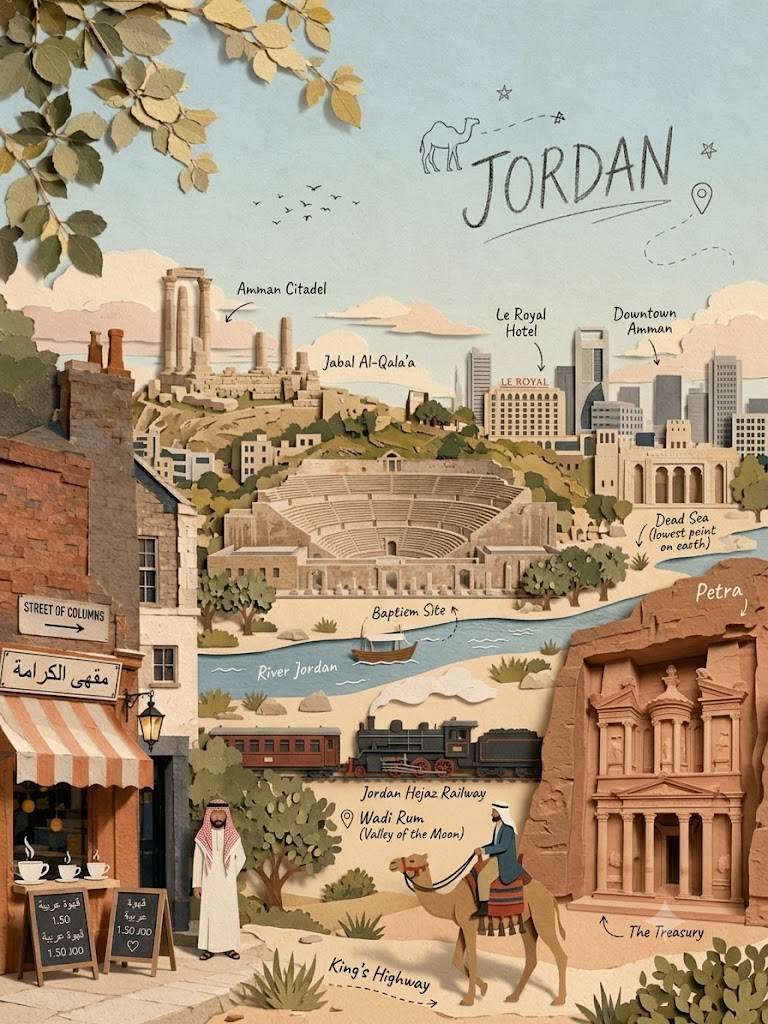 Layered papercraft illustration captures Jordan's Petra and Wadi Rum