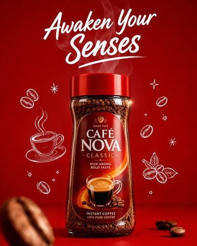 A glass coffee jar glows against a deep red backdrop