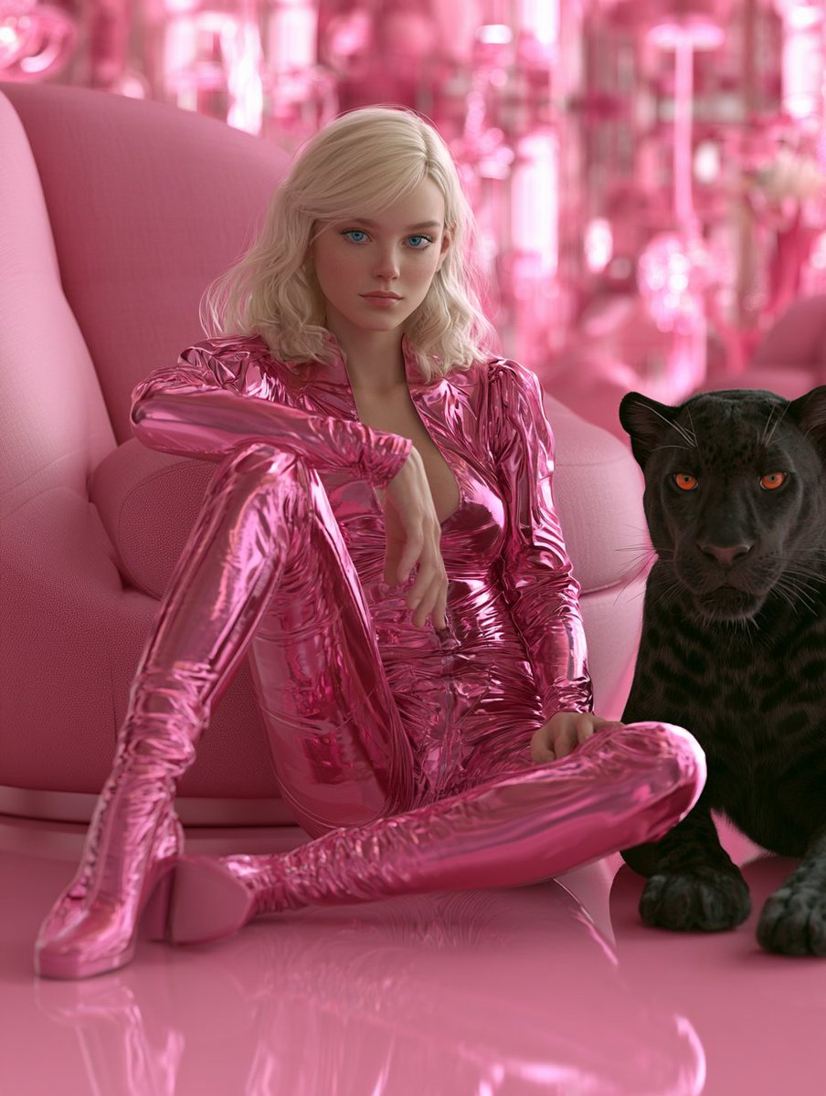 Blonde woman in pink reflective suit sits with black panther