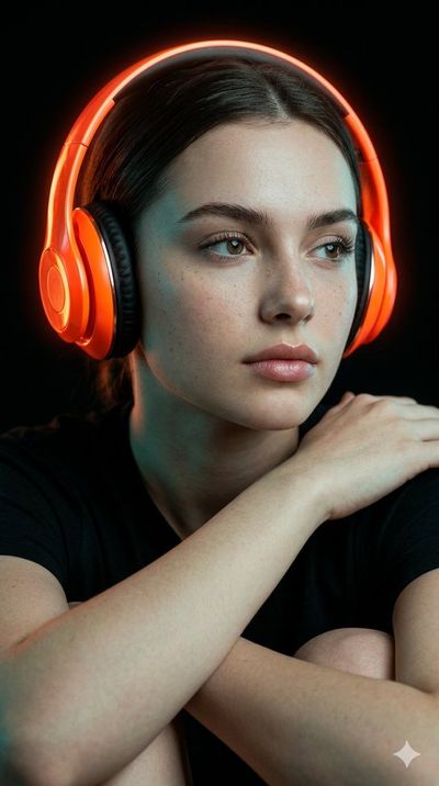 Neon Orange Headphone Portrait in Moody Realism