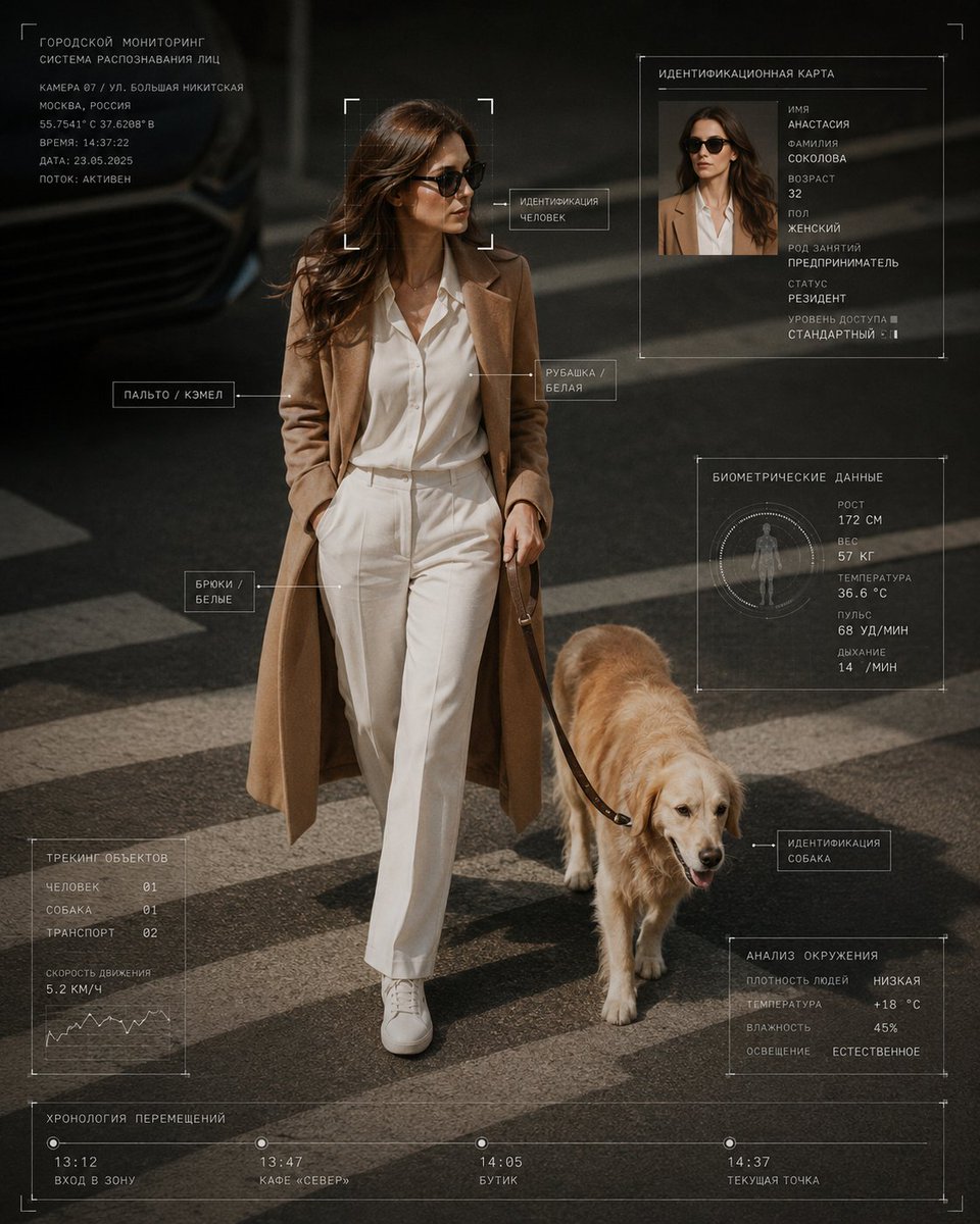 A woman in a trench coat walks through a rainy city with a wolf.
