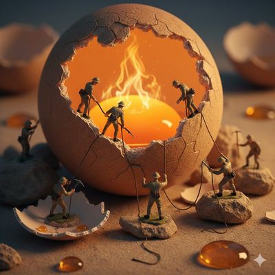 Miniature Soldiers Conquer Giant Cracked Eggshell