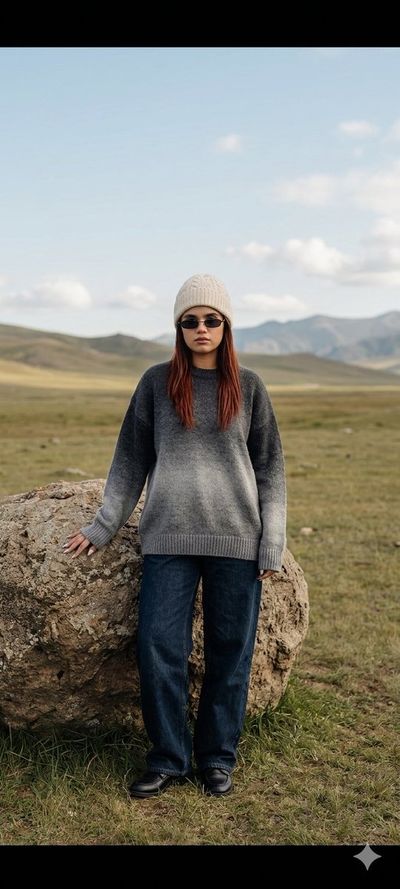 A woman in a cream beanie stands calmly beside a large rock.