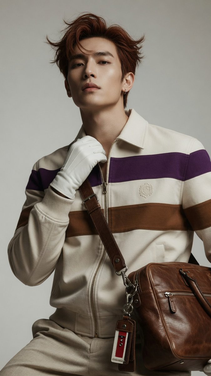 A confident model in a purple and brown jacket gazes intently forward.