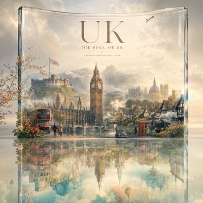A crystal portal reveals the country's iconic landmark and dreamlike landscape
