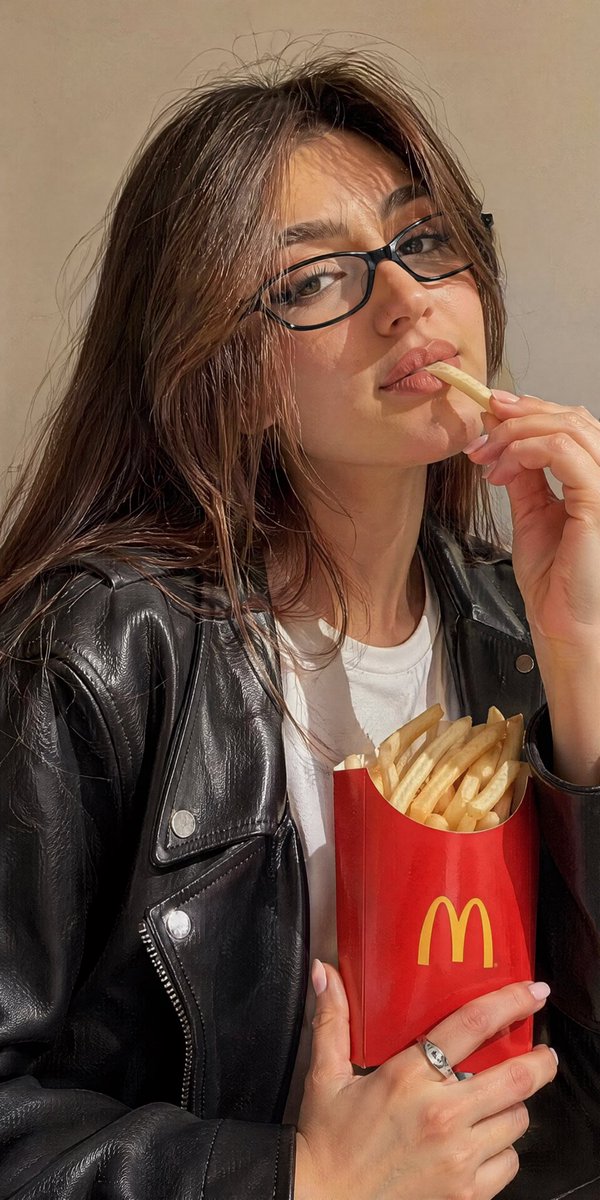 A woman in a leather jacket eats a French fry while looking at the camera