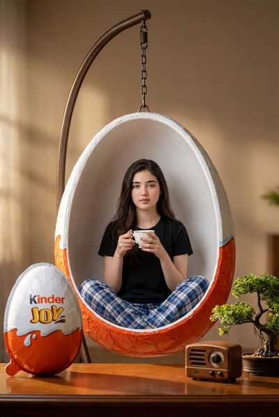 Surreal Swing in a Kinder Joy Egg: A Hyper-Realistic Indoor Scene