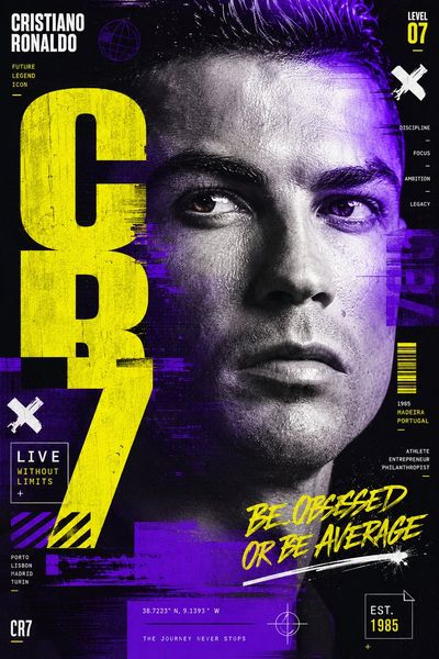 Cristiano Ronaldo's intense gaze anchors a vibrant poster design