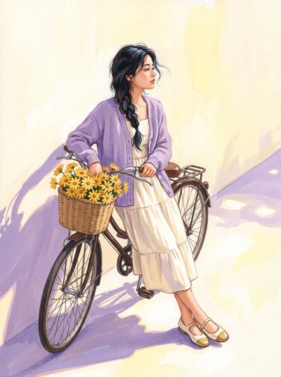 Woman on Bicycle with Daisies Leans into Lavender Sunlight