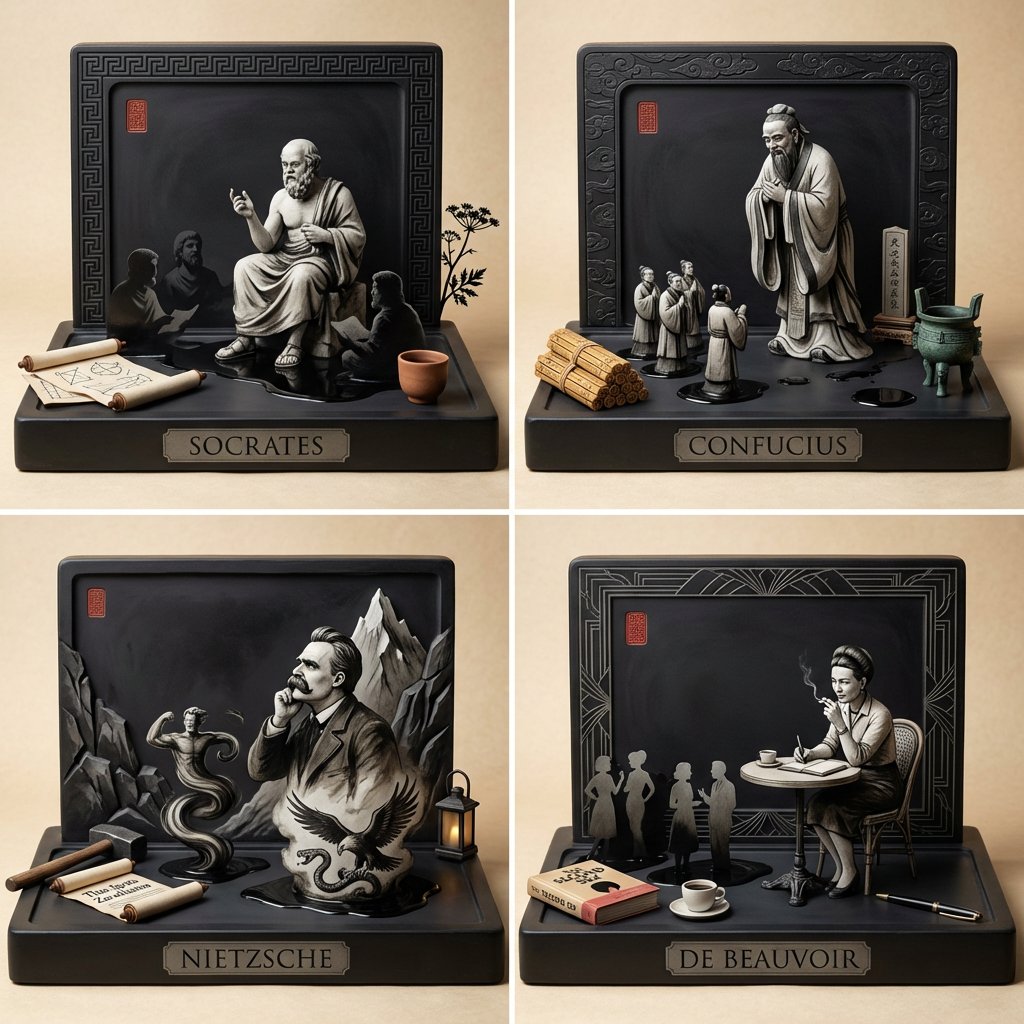 Inkstone Reverie: Socrates Contemplates Wisdom Amid Ethereal Spirits