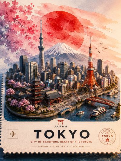 Cherry blossoms frame Tokyo's iconic skyline with Mount Fuji's majesty