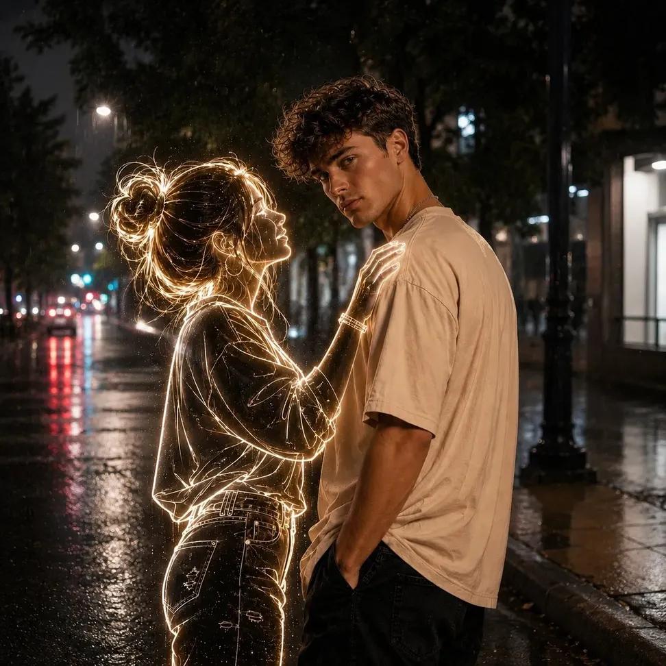 Young boy on wet road gazes at glowing ghost girl outline