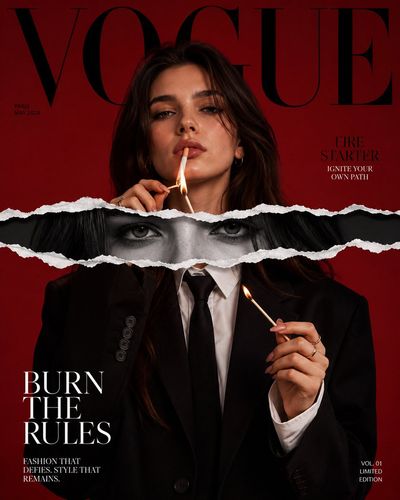 Androgynous model stares through torn paper in luxury editorial
