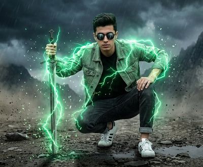 Young man channels electric green lightning while crouching on rocky ground