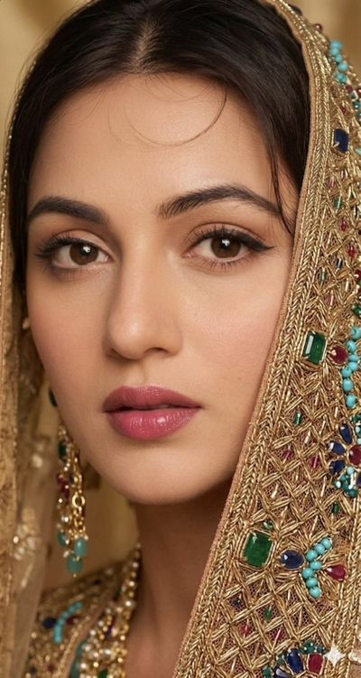 A bride in gold jewelry gazes softly against a warm backdrop.