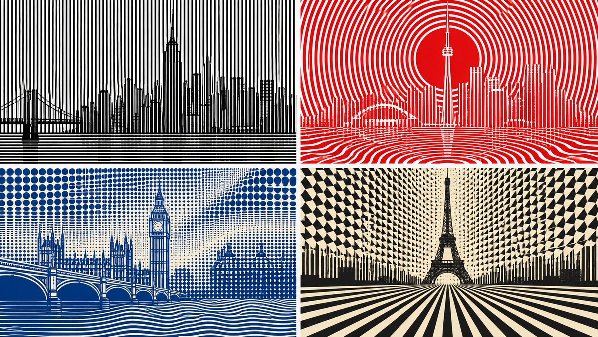 A geometric grid of New York skyscrapers shifts in moiré waves