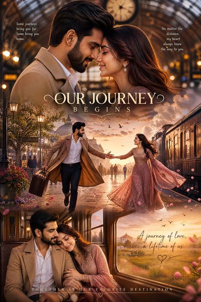 A South Asian couple reunites at a vintage railway station during golden hour