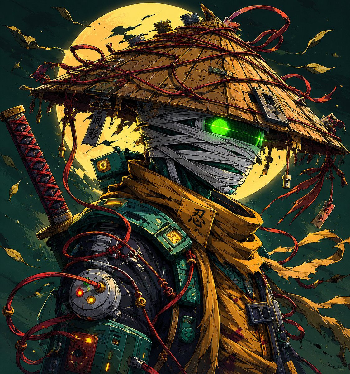 A cyberpunk samurai ninja stands under a giant glowing moon