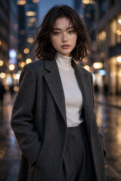 Serene Woman in Wool Coat Stands on Damp Night Street