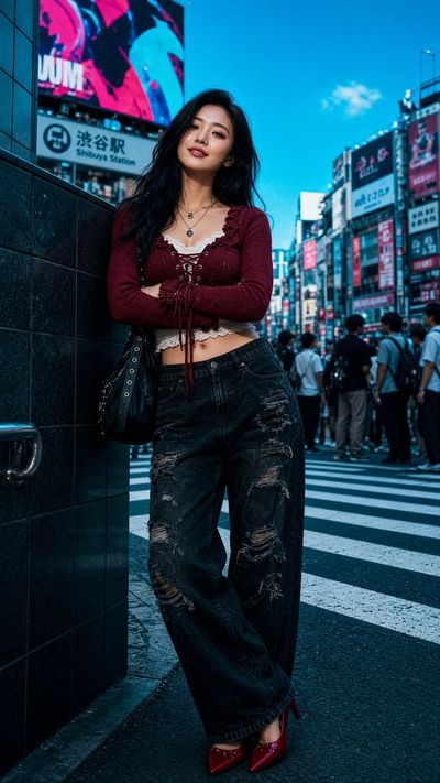 Burgundy cardigan woman leans at Shibuya crossing under blue sky