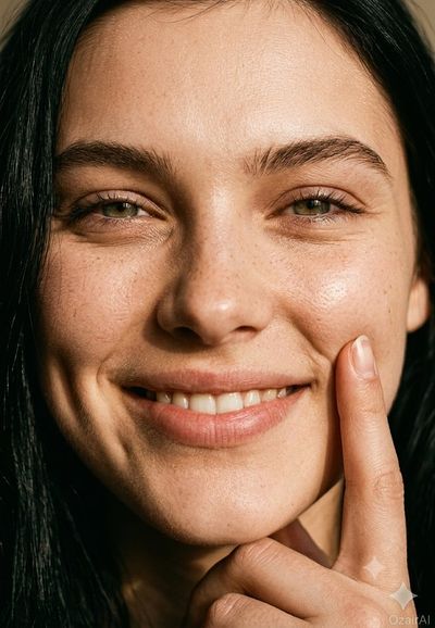 A genuine smile with a finger pressing softly creates a dimple.